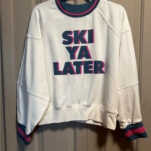 Chaser White Crew Neck Sweater with Pink and Blue Accents